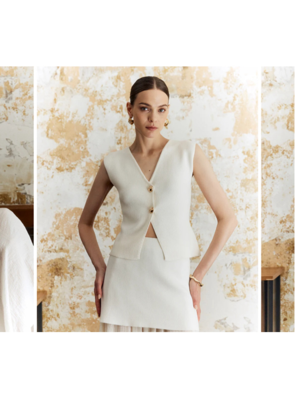 Commense Solid Button Sweater Vest Cream Knit Gold Buttons Minimalist Chic. XS